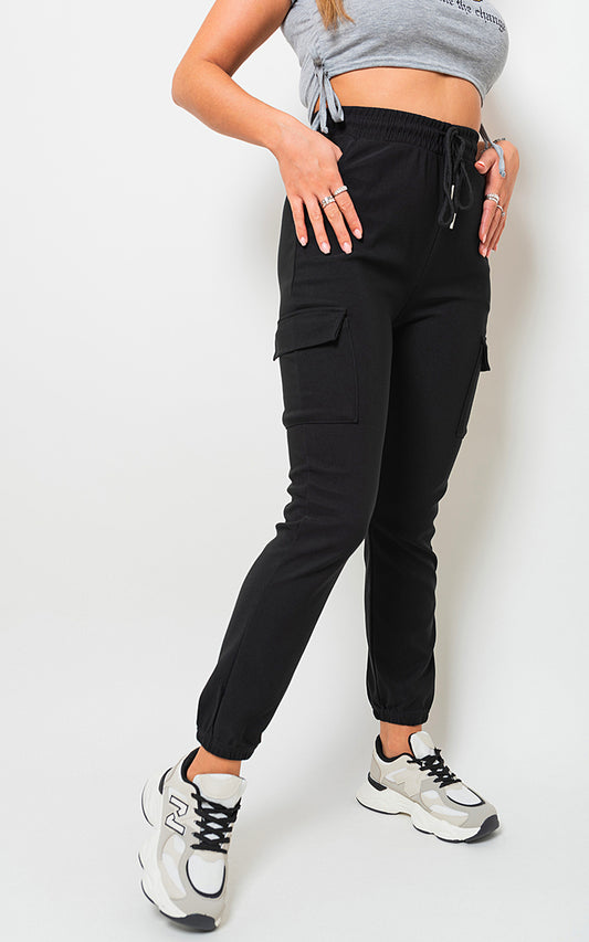 Fleece Lined Cargo Pocket Trouser with Drawstring - Black River UK