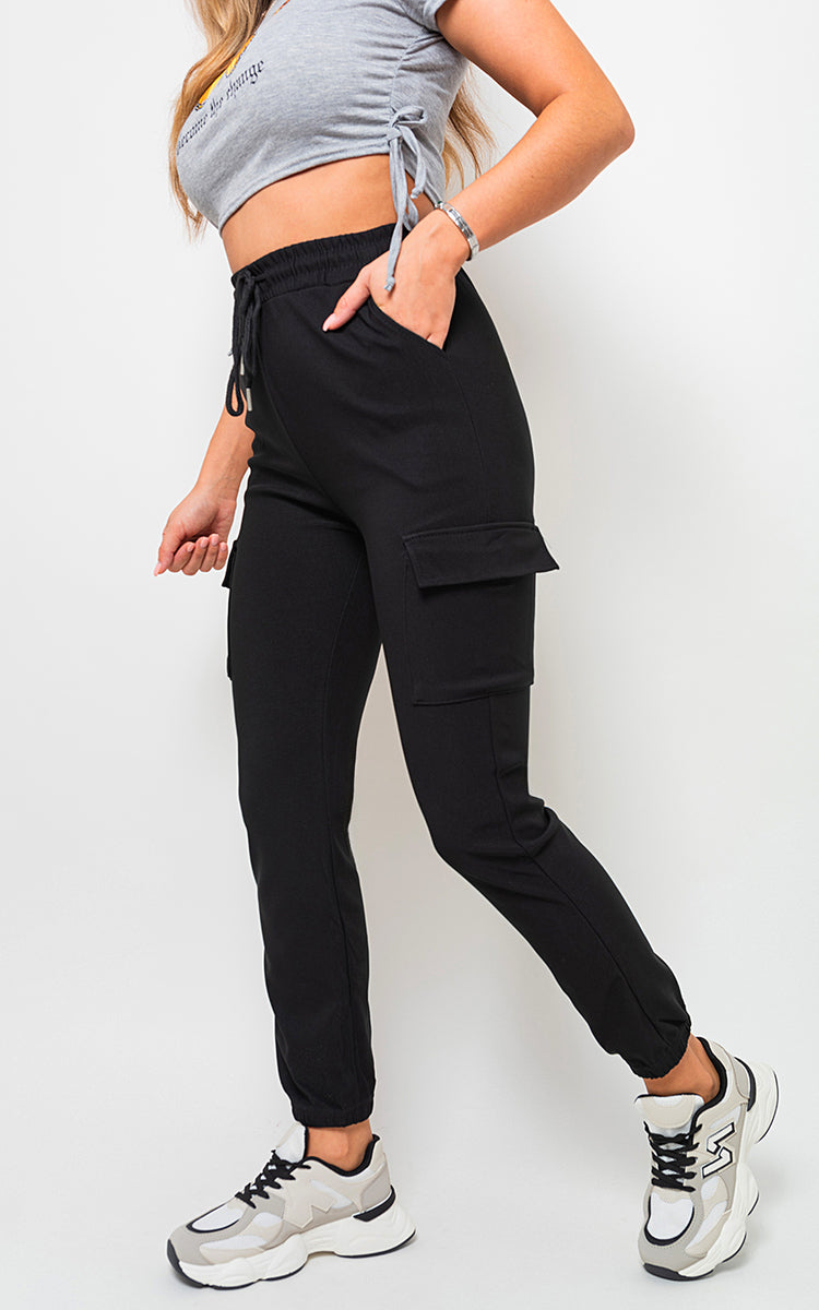 Fleece Lined Cargo Pocket Trouser with Drawstring - Black River UK