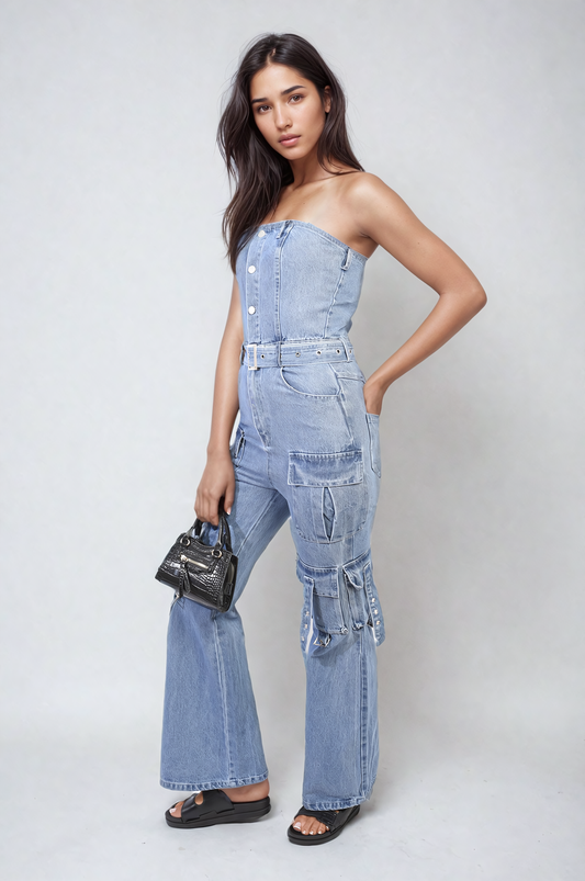 Multi Pockets Strapless Cargo Jumpsuit - Black River UK
