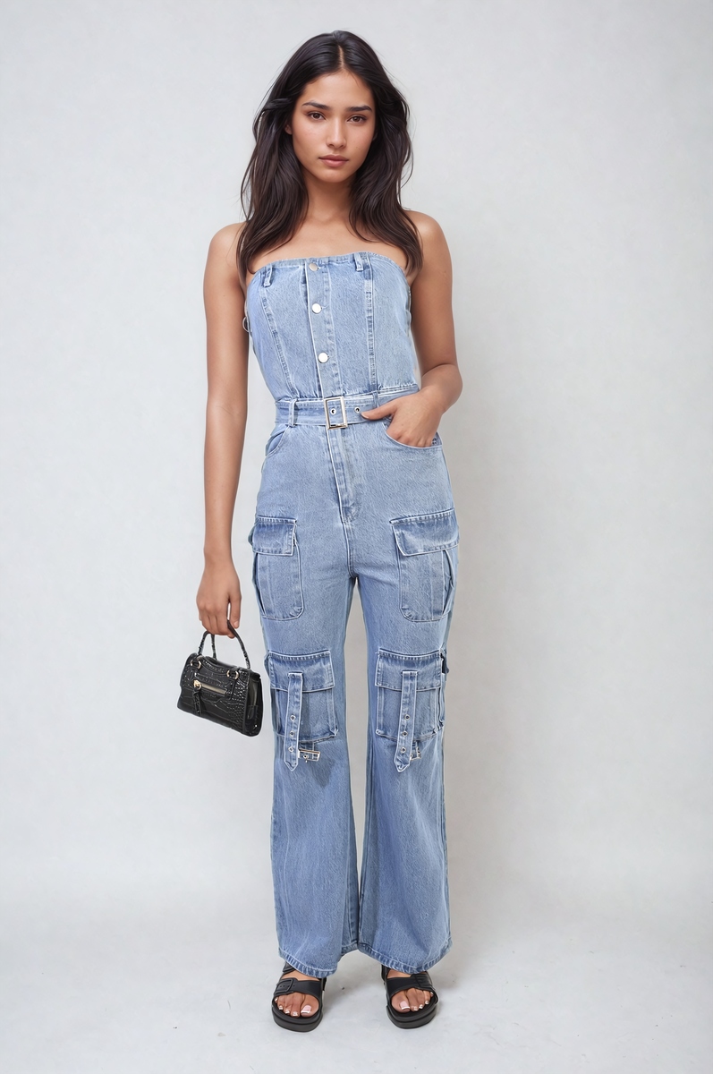 Multi Pockets Strapless Cargo Jumpsuit - Black River UK