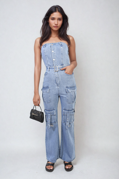 Multi Pockets Strapless Cargo Jumpsuit - Black River UK