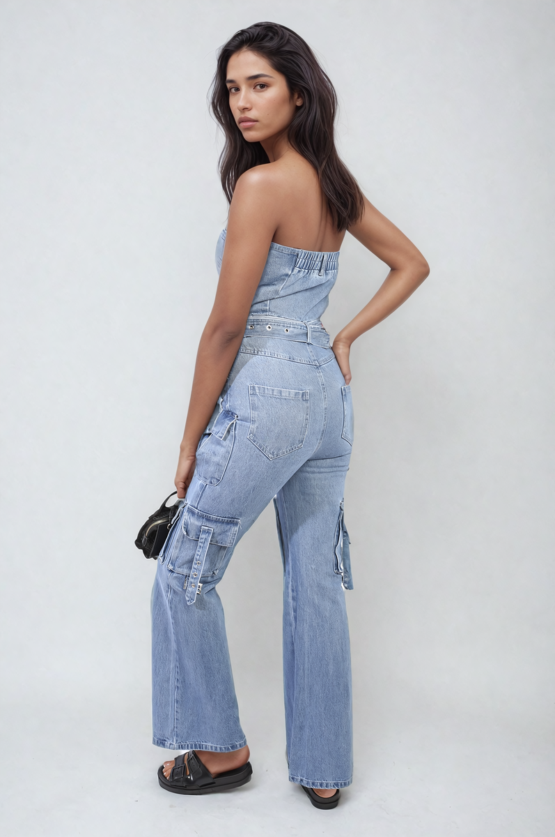 Multi Pockets Strapless Cargo Jumpsuit - Black River UK