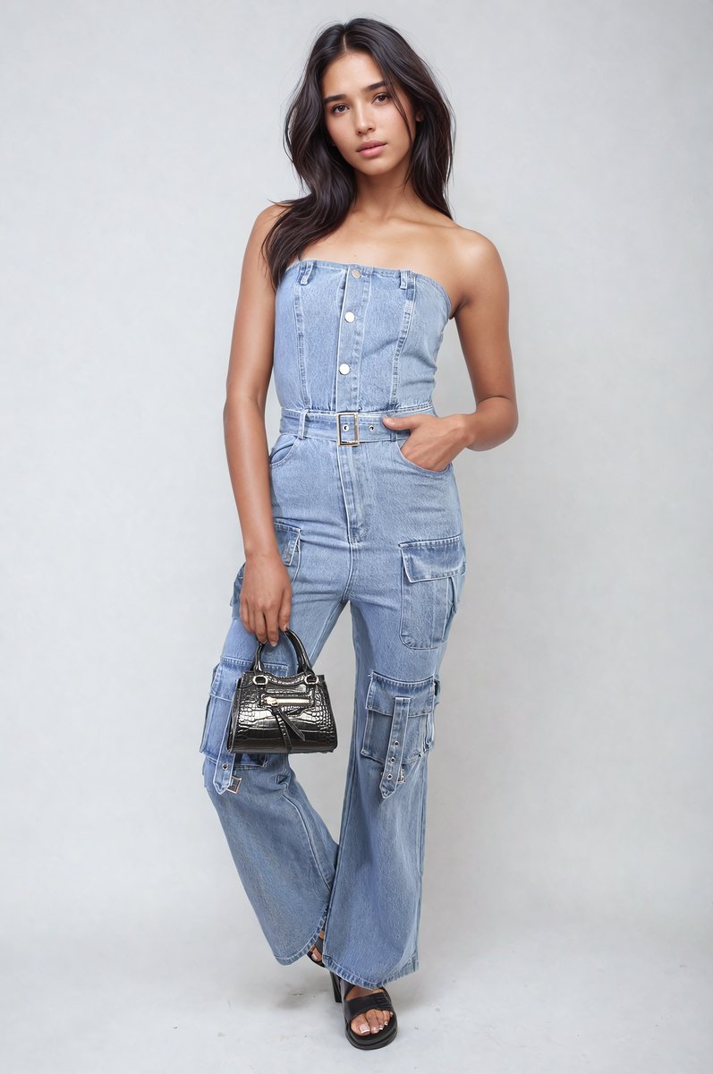 Multi Pockets Strapless Cargo Jumpsuit - Black River UK