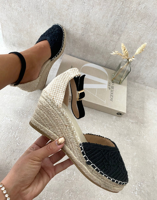 Two Tone Slingback Closed Toe Wedge Sandals - Black River UK