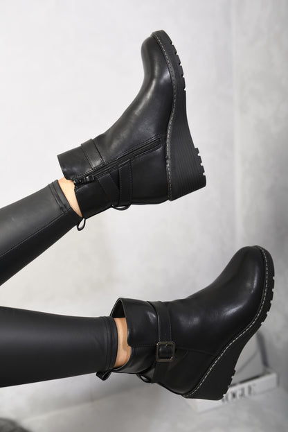 Side Zip Low Wedge Chelsea Ankle Boots - Black River UK