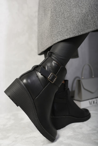 Side Zip Low Wedge Chelsea Ankle Boots - Black River UK