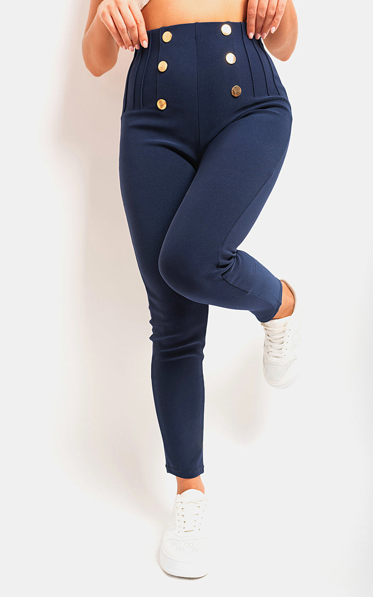 High Waisted Button Front Detail Trouser - Black River UK