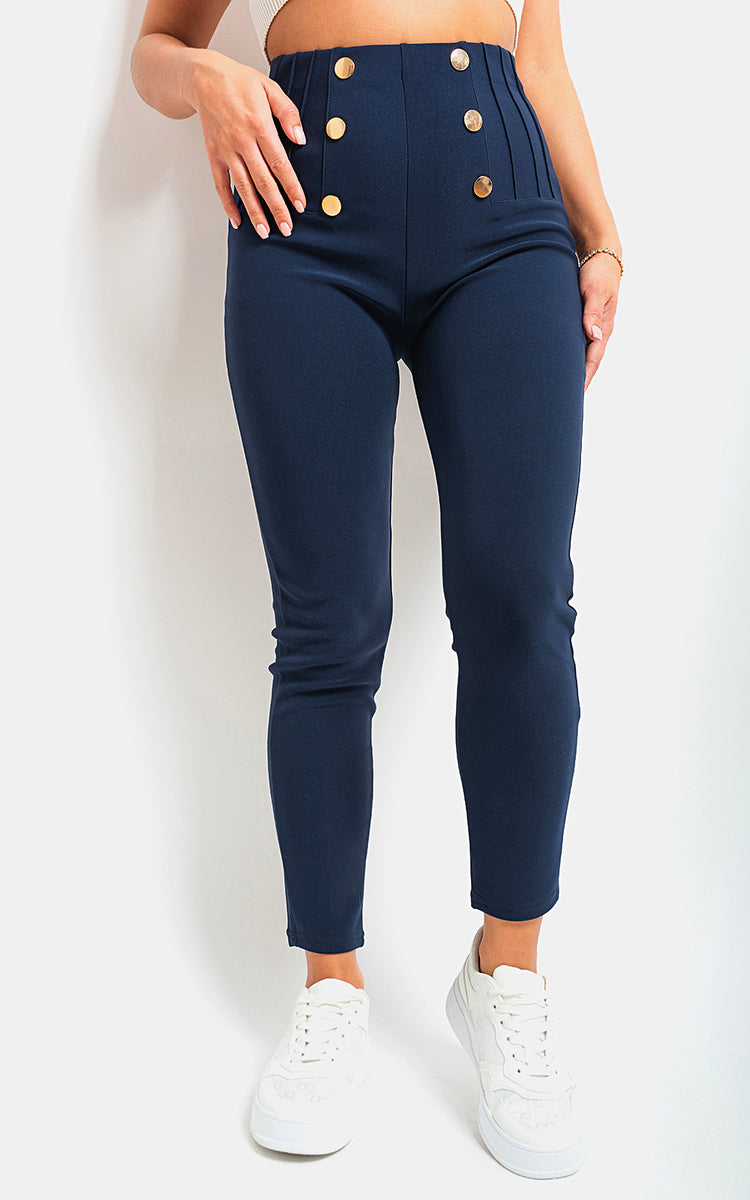 High Waisted Button Front Detail Trouser - Black River UK