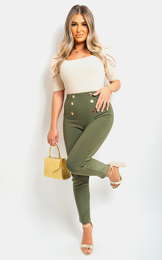 High Waisted Button Front Detail Trouser - Black River UK