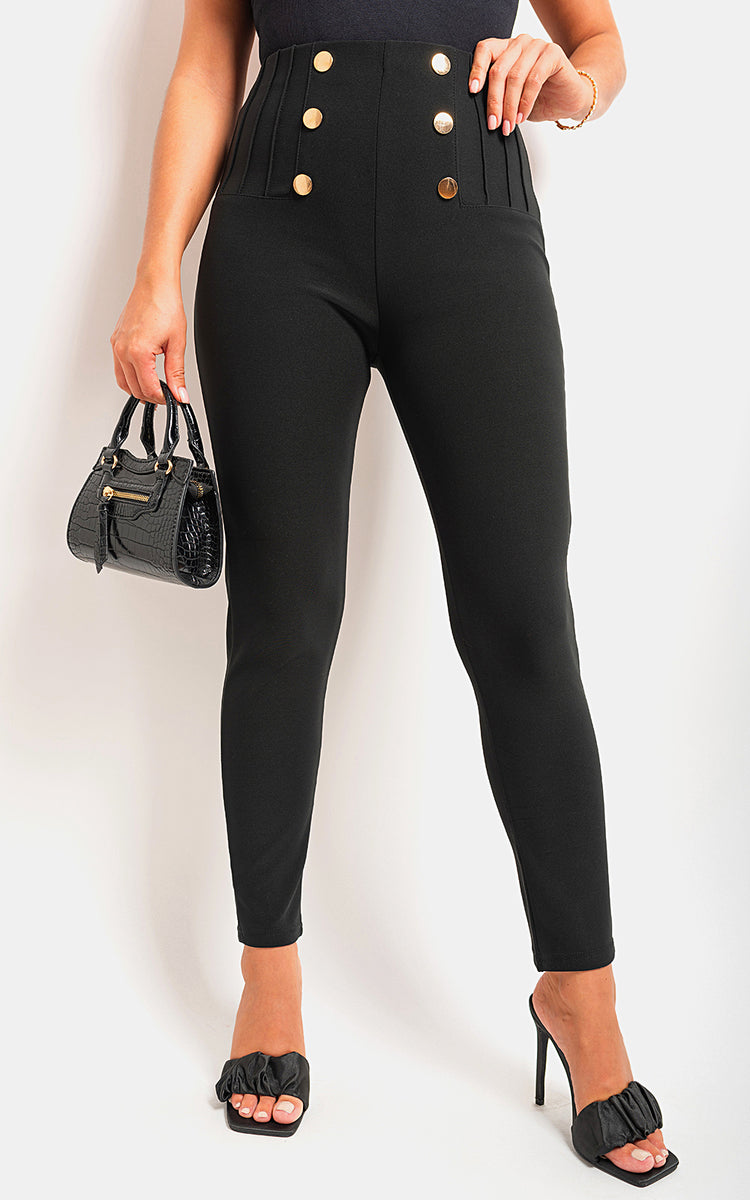 High Waisted Button Front Detail Trouser - Black River UK