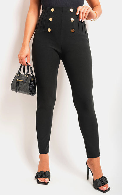 High Waisted Button Front Detail Trouser - Black River UK