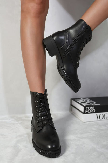 Lace Up Glitter Ankle Boots - Black River UK