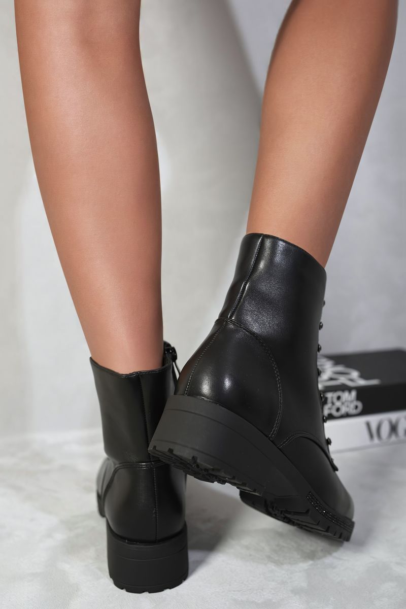 Lace Up Glitter Ankle Boots - Black River UK