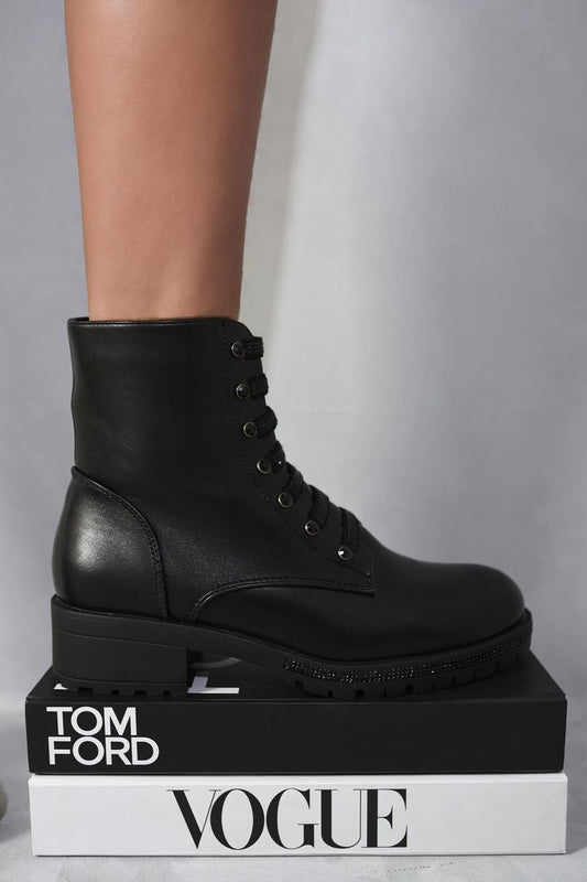 Lace Up Glitter Ankle Boots - Black River UK