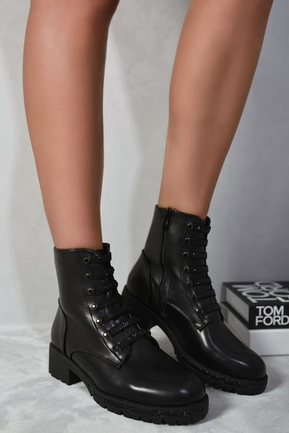 Lace Up Glitter Ankle Boots - Black River UK