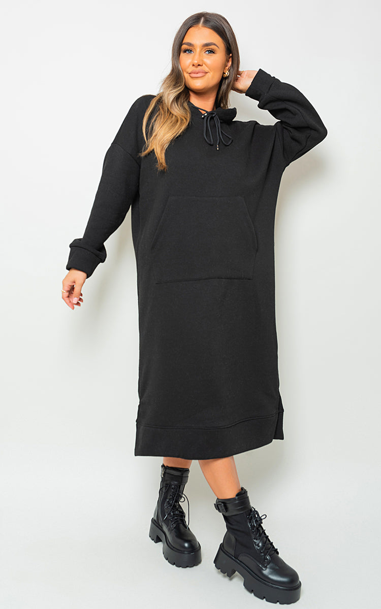 Kangaroo Pocket Long Loose Hoodie - Black River UK