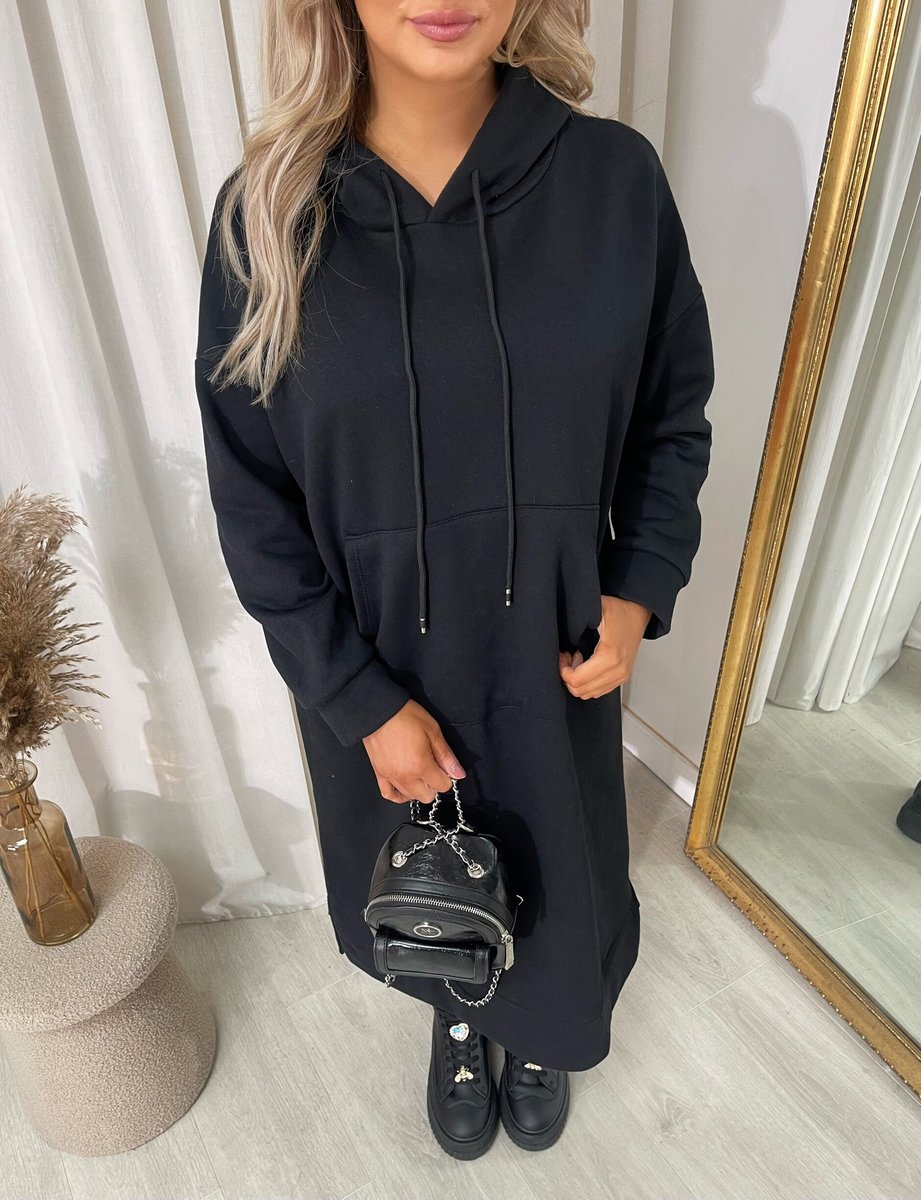 Kangaroo Pocket Long Loose Hoodie - Black River UK