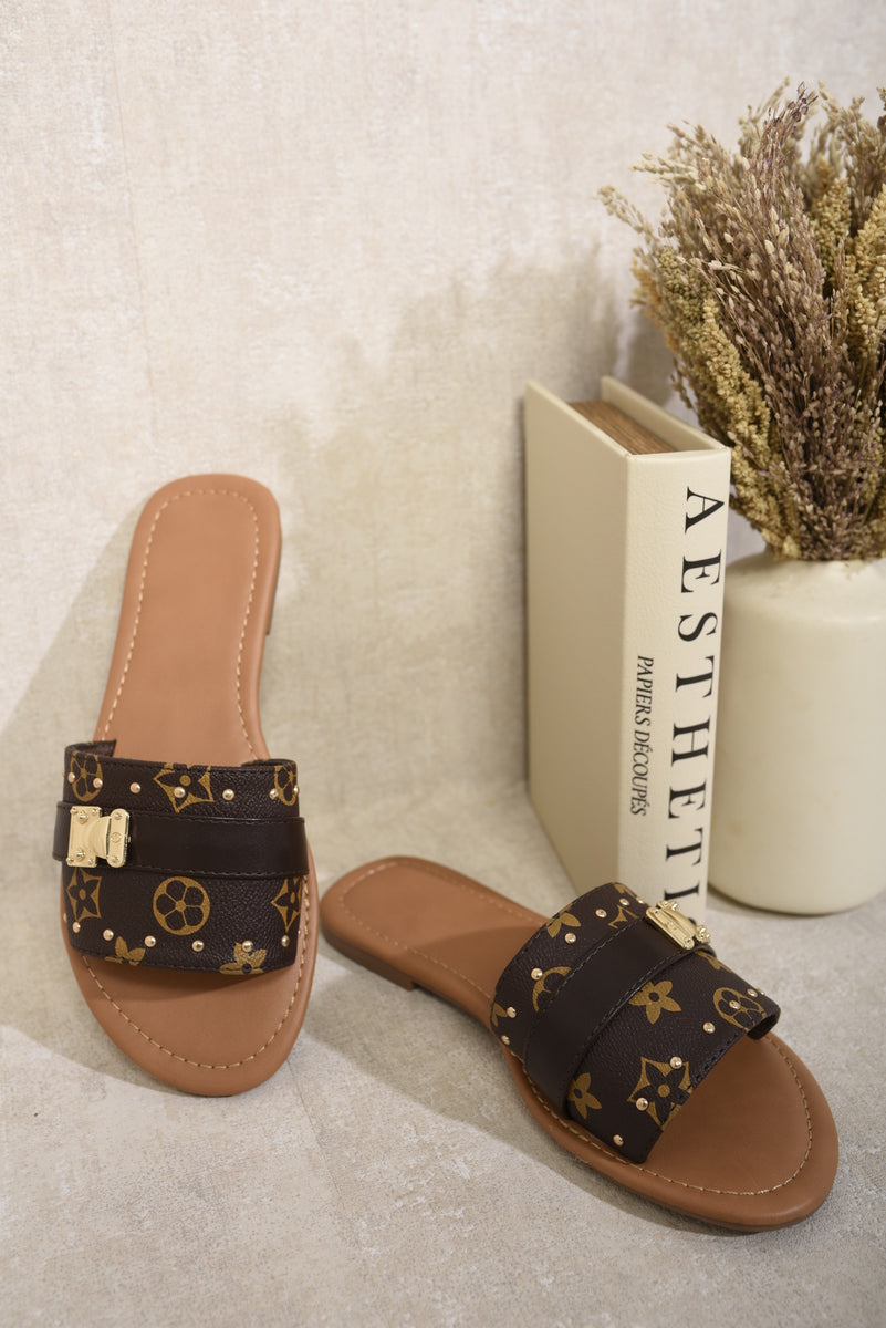 Open Toe Printed Flat Sandals - Black River UK