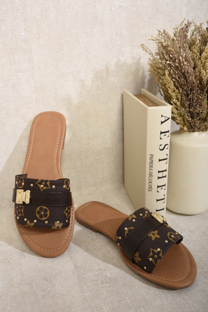 Open Toe Printed Flat Sandals - Black River UK