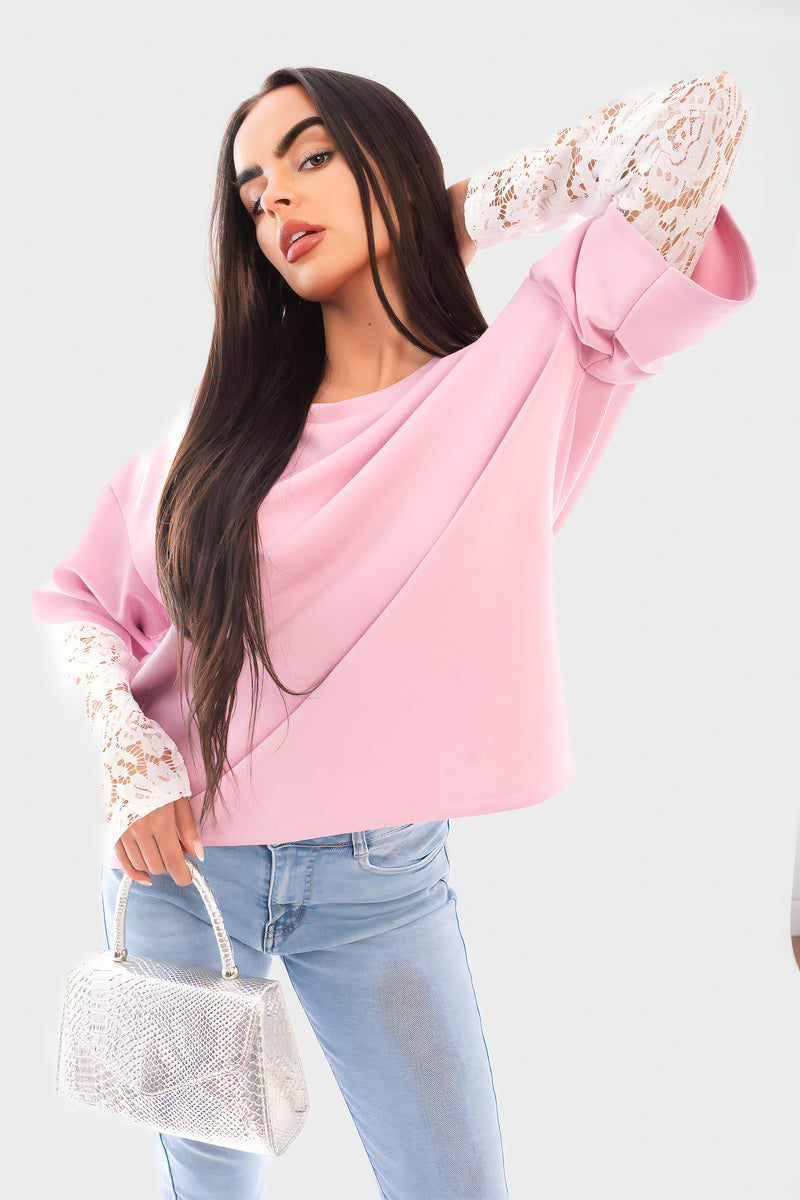 Oversized Long Sleeve Lace Detail Top - Black River UK