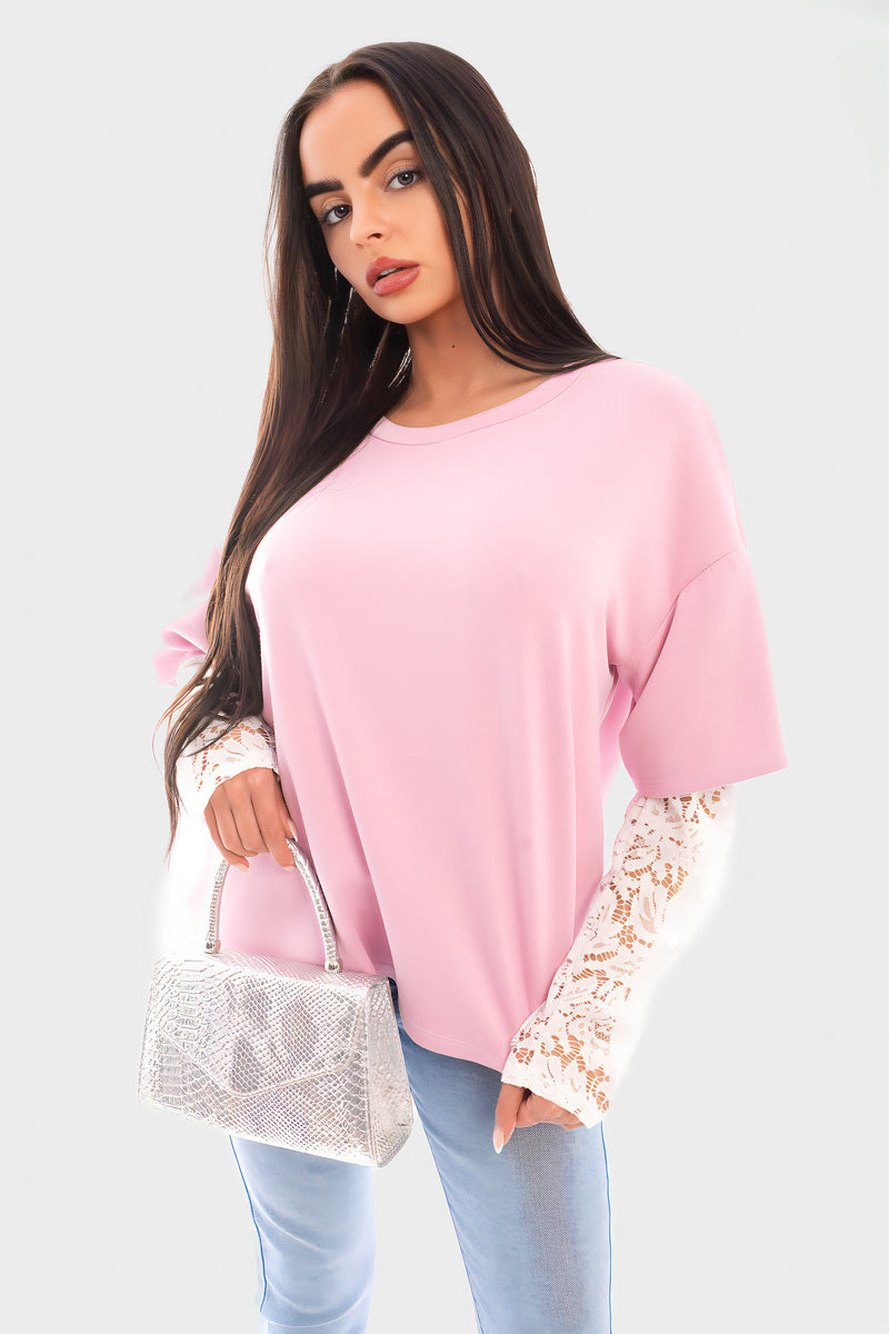 Oversized Long Sleeve Lace Detail Top - Black River UK