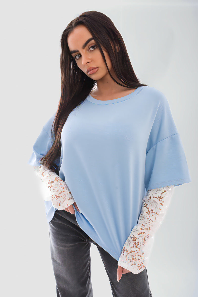 Oversized Long Sleeve Lace Detail Top - Black River UK
