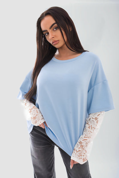 Oversized Long Sleeve Lace Detail Top - Black River UK