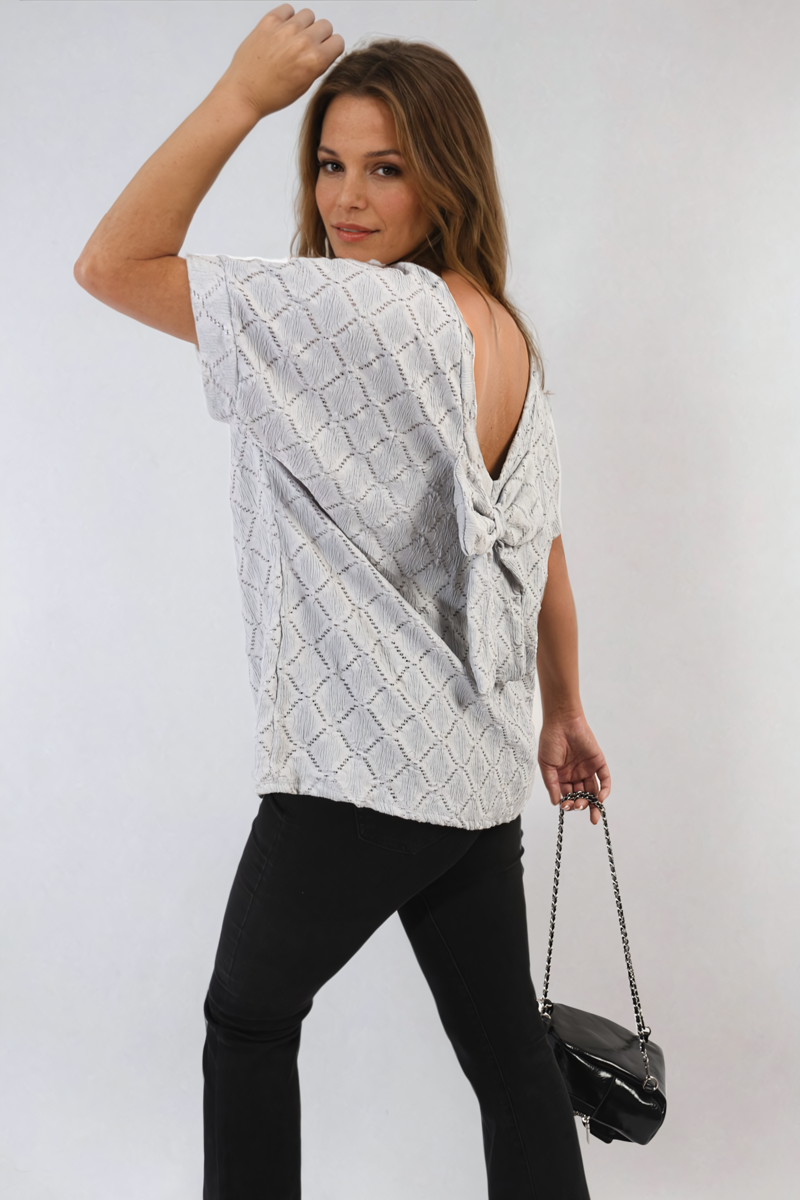 Bow Back Eyelet Details Short Sleeve Oversized Top - Black River UK
