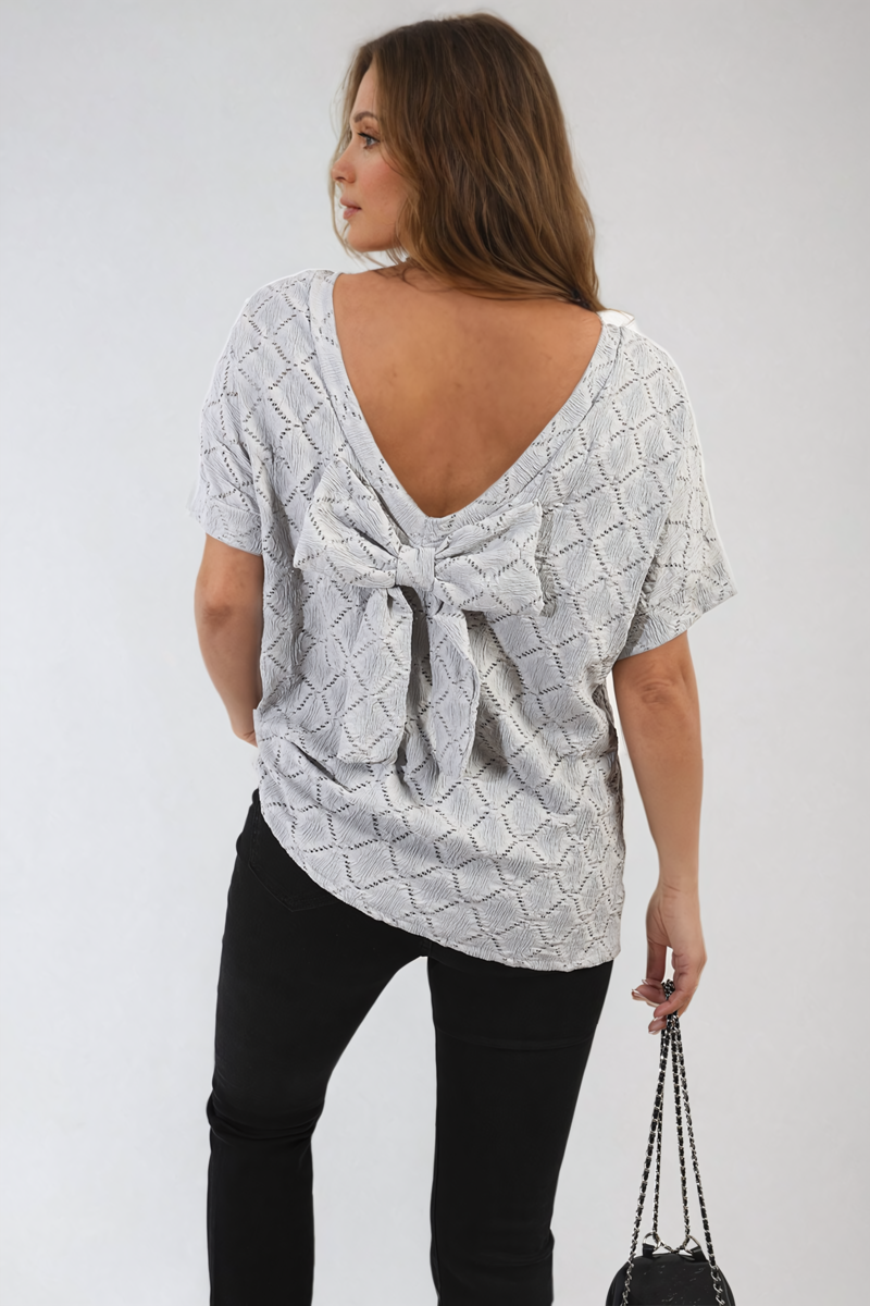 Bow Back Eyelet Details Short Sleeve Oversized Top - Black River UK