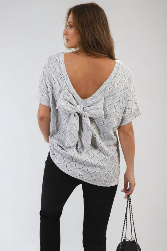 Bow Back Eyelet Details Short Sleeve Oversized Top - Black River UK