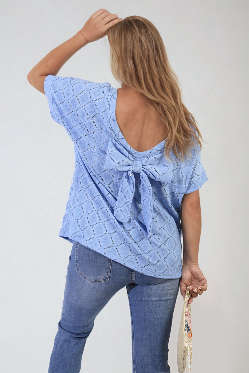 Bow Back Eyelet Details Short Sleeve Oversized Top - Black River UK