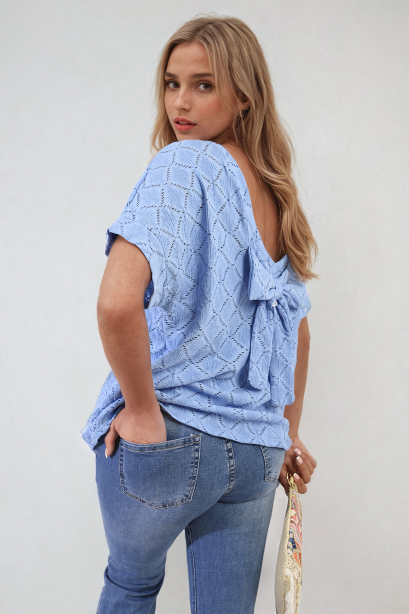 Bow Back Eyelet Details Short Sleeve Oversized Top - Black River UK
