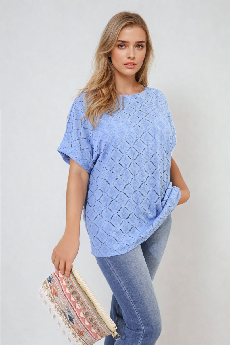 Bow Back Eyelet Details Short Sleeve Oversized Top - Black River UK