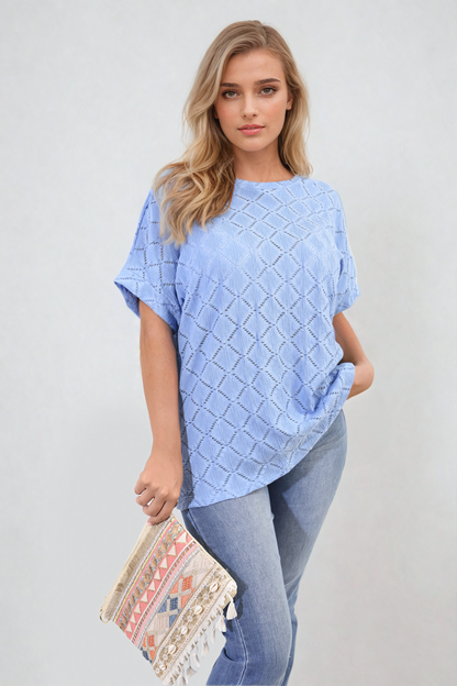 Bow Back Eyelet Details Short Sleeve Oversized Top - Black River UK