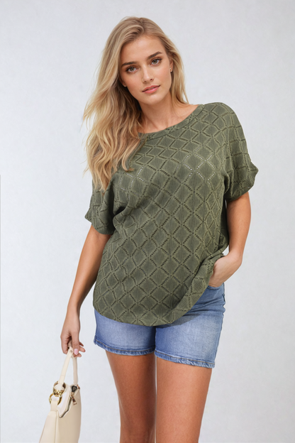 Bow Back Eyelet Details Short Sleeve Oversized Top - Black River UK