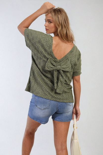 Bow Back Eyelet Details Short Sleeve Oversized Top - Black River UK