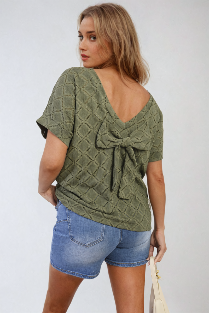 Bow Back Eyelet Details Short Sleeve Oversized Top - Black River UK