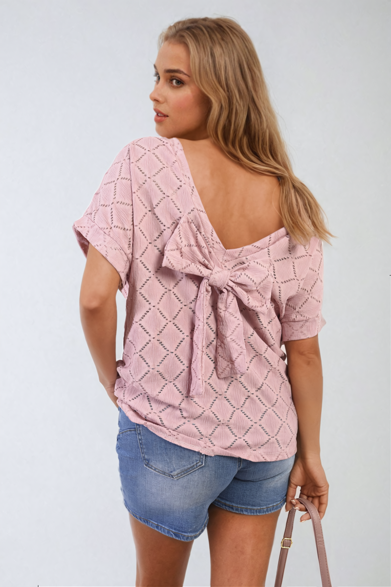 Bow Back Eyelet Details Short Sleeve Oversized Top - Black River UK