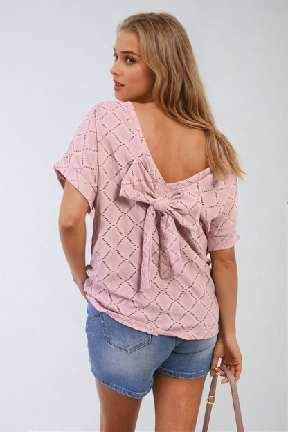 Bow Back Eyelet Details Short Sleeve Oversized Top - Black River UK
