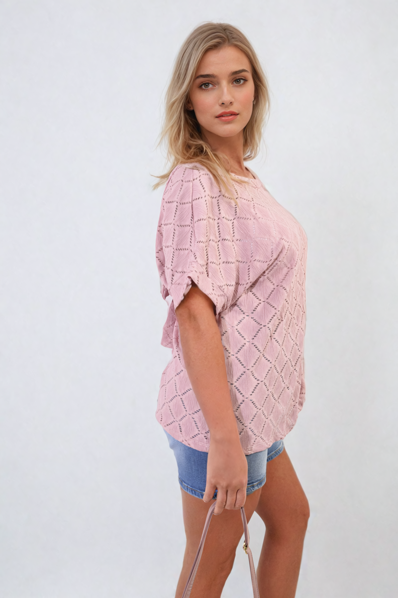 Bow Back Eyelet Details Short Sleeve Oversized Top - Black River UK