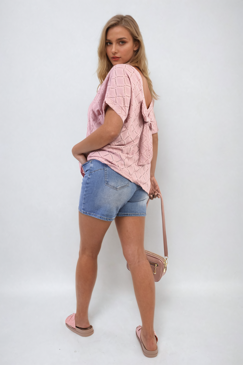 Bow Back Eyelet Details Short Sleeve Oversized Top - Black River UK