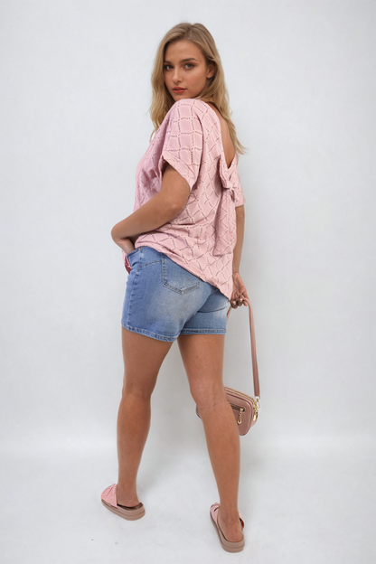Bow Back Eyelet Details Short Sleeve Oversized Top - Black River UK