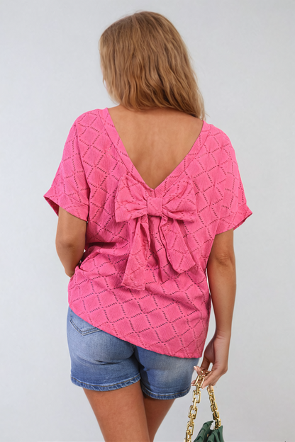 Bow Back Eyelet Details Short Sleeve Oversized Top - Black River UK