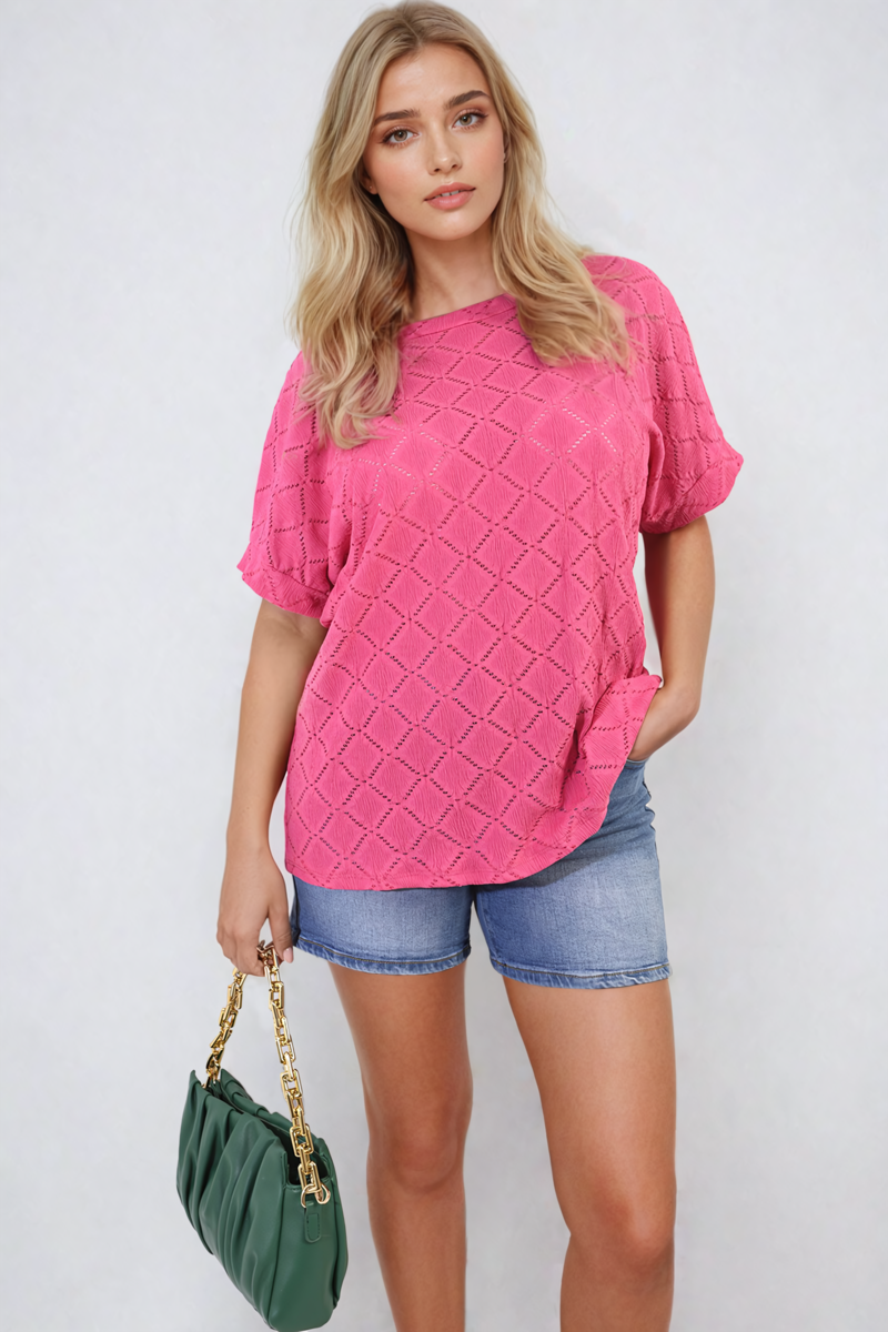 Bow Back Eyelet Details Short Sleeve Oversized Top - Black River UK