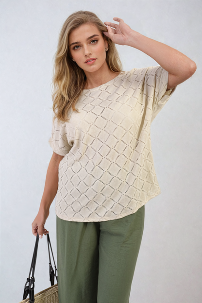 Bow Back Eyelet Details Short Sleeve Oversized Top - Black River UK