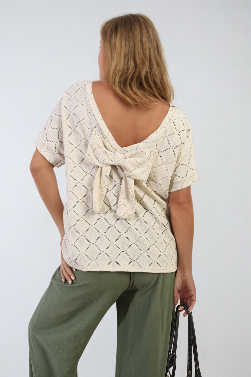 Bow Back Eyelet Details Short Sleeve Oversized Top - Black River UK