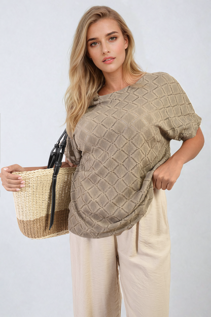 Bow Back Eyelet Details Short Sleeve Oversized Top - Black River UK