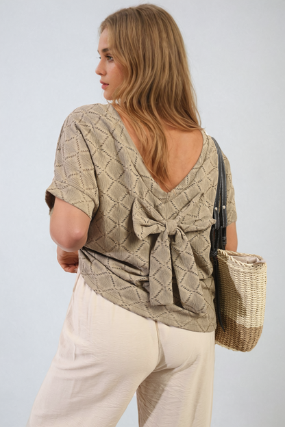 Bow Back Eyelet Details Short Sleeve Oversized Top - Black River UK