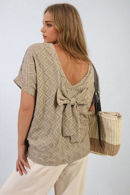 Bow Back Eyelet Details Short Sleeve Oversized Top - Black River UK