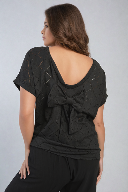 Bow Back Eyelet Details Short Sleeve Oversized Top - Black River UK